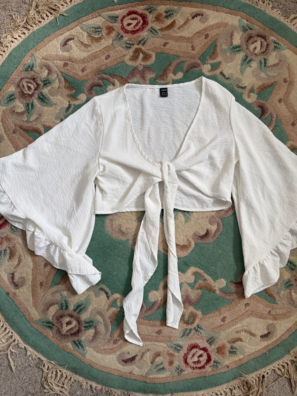 SHEIN White Tie-Front Crop Top with Flared Ruffle Sleeves